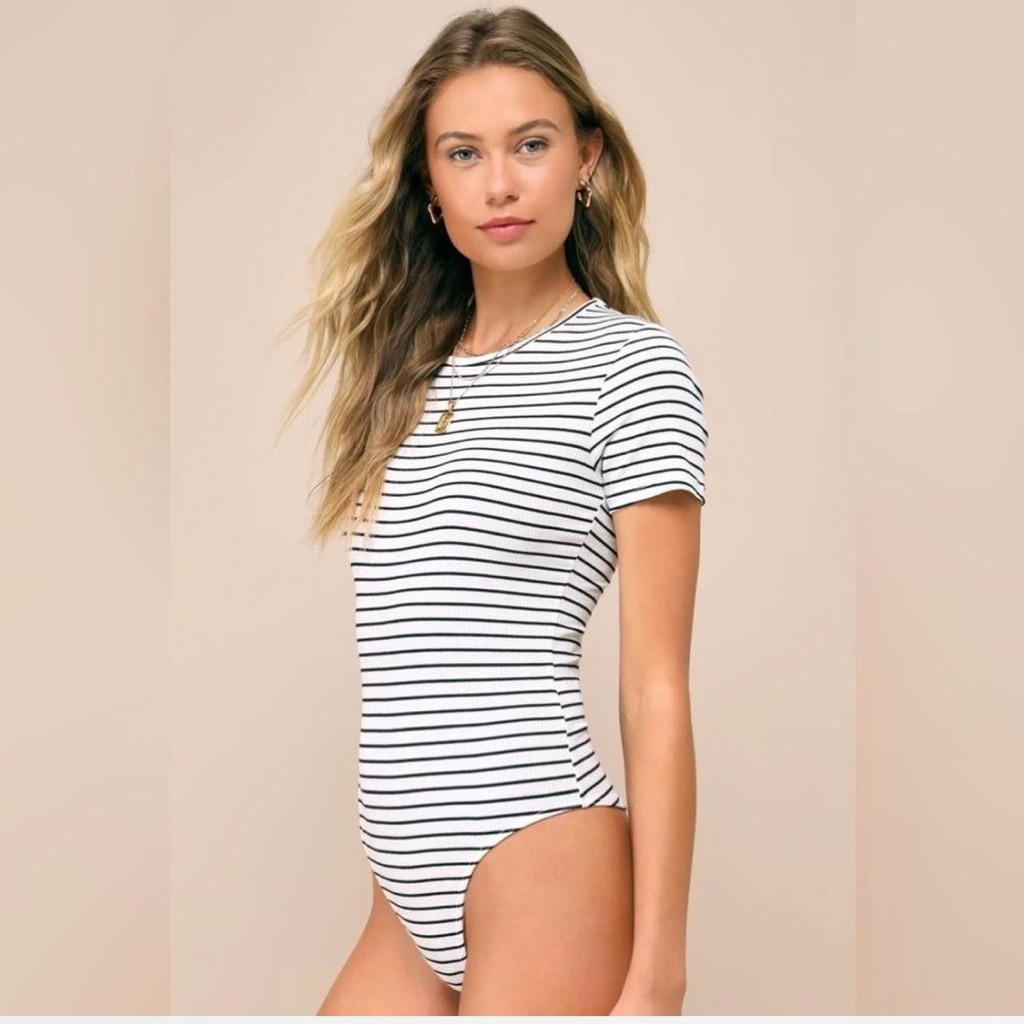 Lulu's Classic Striped Bodysuit In Black And White